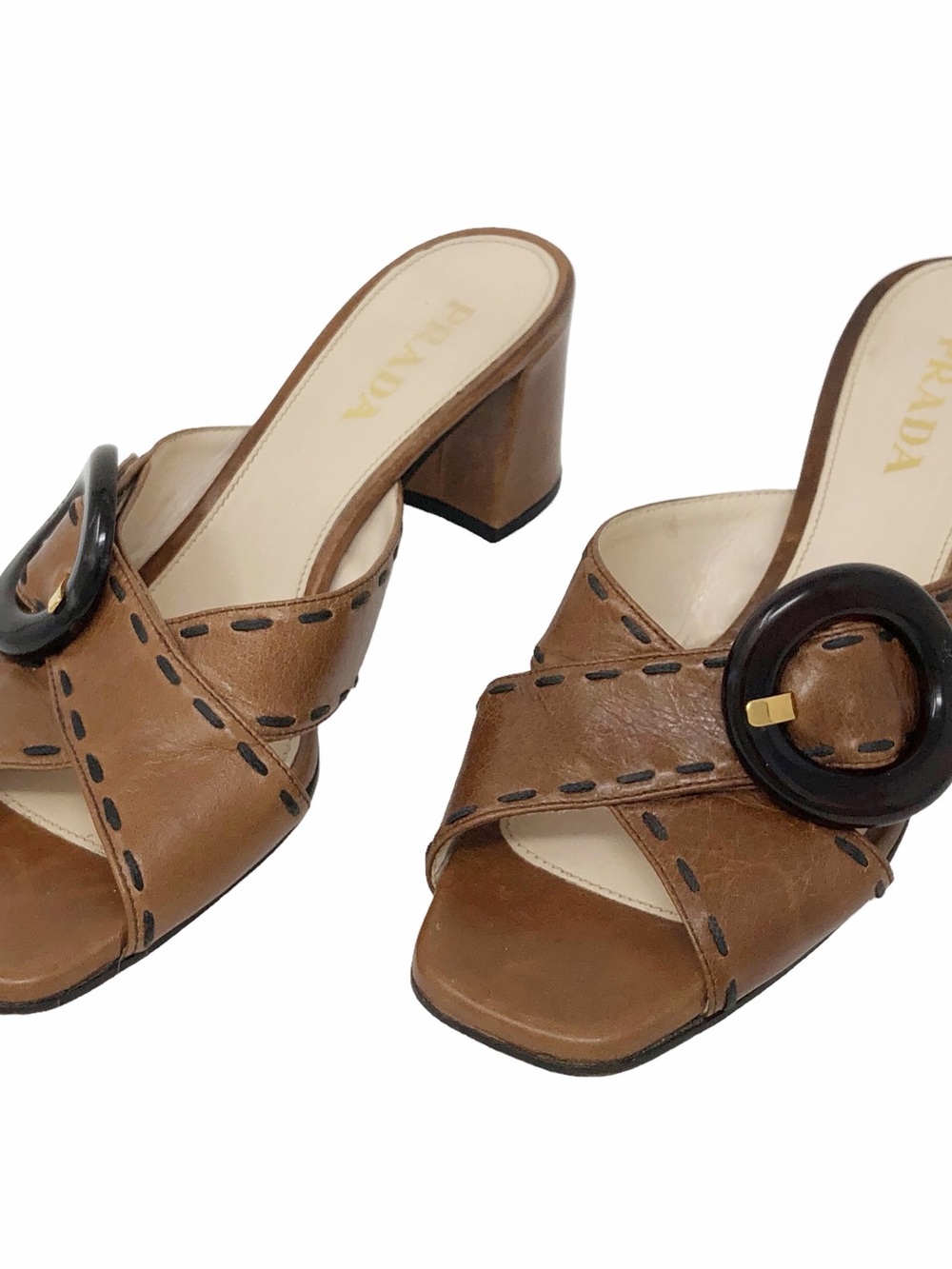 Prada Brown Leather Buckle Mule Heels Sandals Size 36 Italy - Picture 1 of 9